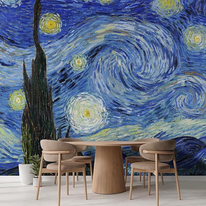 wall26 Wall Sticker/Wall Mural Starry Night by Vincent Van Gogh Dutch Impressionism, Not Peel and Stick, Non-Woven Wallpaper Decorative for Bedroom, Living Room, Office - 108x144 inches