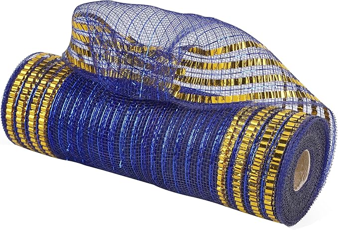 MEEDEE Navy Deco Mesh 10 Inch Deluxe Wide Foil Gold Border Mesh Metallic Mesh Fabric Navy Blue & Gold Mesh Ribbon for Christmas Tree, Wreaths, Garland, Gift Wrapping, Bows Making (30 Feet)