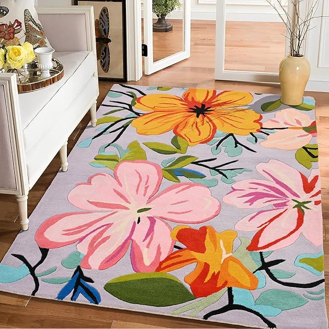 Handmade Wool Floral Area Rug for Living Room | Elegant Flower Garden Design, Soft, Thick and Durable | Bedroom, Dining Room & Home Decor Carpet (8' x 10', Floral K)