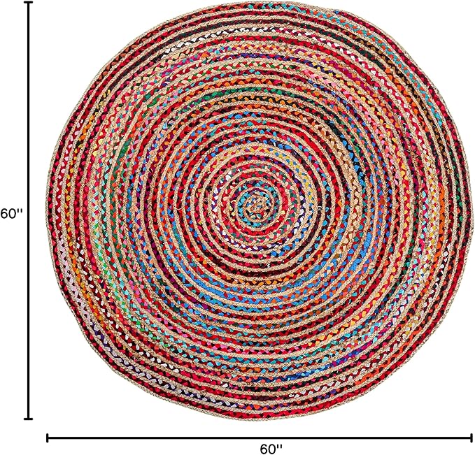 5' Round Handwoven Jute Chindi Area Rug - Colorful Round Boho Rugs for Living Room - Hand Braided Multicolor Bohemian Rug for Farmhouse, Bedroom, Dining Room, Classroom, Hallway, Kitchen