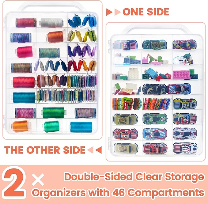 New brothread Pack of 2 Double-Sided Sewing Organizers, Thread Storage Boxes with 2x46 Grids, Clear Organizer Boxes for Embroidery Sewing Thread, Embroidery Floss, Needle, Beads, Small Crafts,Toy Cars