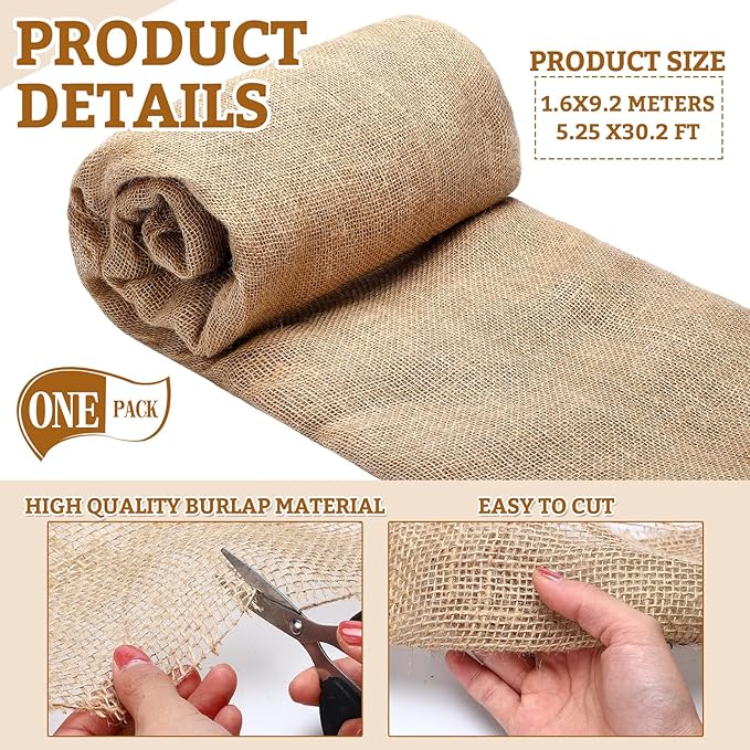 63 Inch x 30 Feet Gardening Burlap Roll - High Density Wide Natural Burlap Fabric Roll Multipurpose Natural Burlaps Fabric for Garden Tree Wrap Outdoor Plant Care, Weed Barrier, DIY Crafts Decoration