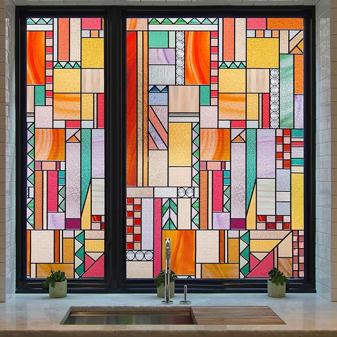 3D Stained Glass Window Privacy Film, Heat Control UV Blocking Static Cling Decorative Window Film for Bathroom,Front Door,Home Non Adhesive,23.6 x 35.4 inches Autumn Reverie