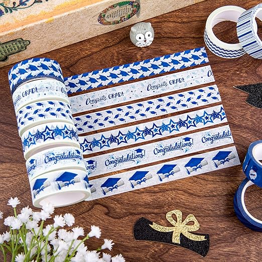 Whaline 12 Rolls Graduation Washi Tape Blue White Congrats Grad Washi Masking Tape Congratulations Star Grad Cap Decorative Paper Stickers for Graduation Scrapbook Gift Wrapping DIY Art Crafts