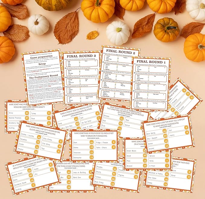 Thanksgiving Family Feud Game, Thanksgiving Party Games for Adults, Friendly Feud Quiz for Family Game Night Funny Trivia for Office Groups, 12 Question Game Cards and 3 Final Round Cards, 01