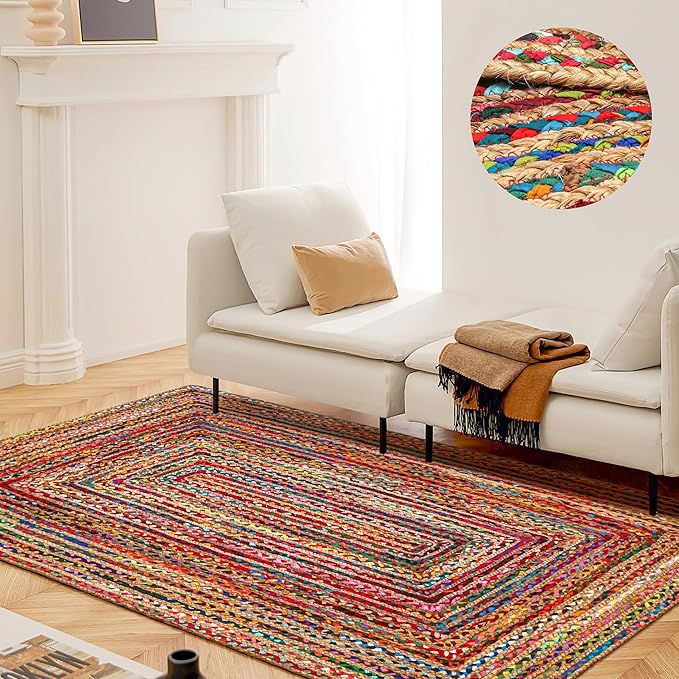 3'x5' Handwoven Jute Chindi Area Rug - Colorful Boho Rugs for Living Room - Hand Braided Multicolor Bohemian Rug for Farmhouse, Bedroom, Dining Room, Classroom, Hallway, Kitchen, Office