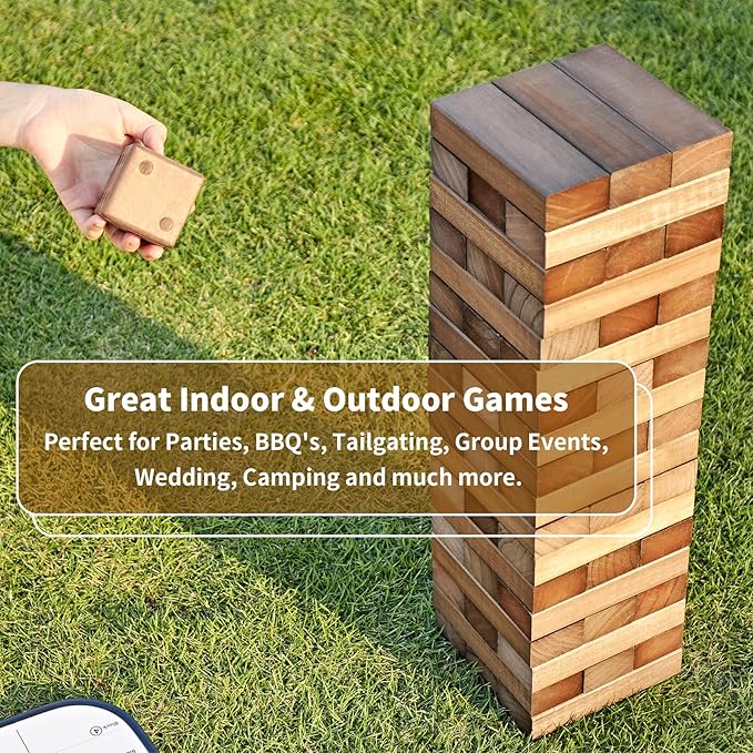 ApudArmis Giant Tumble Tower Stack to Over 5Ft, 60 PCS Pine Wooden Stacking Timber Game with 1 Dice Set - Classic Block Giant Game (7.48 * 2.48 * 1.5 in Each Block, Brown)