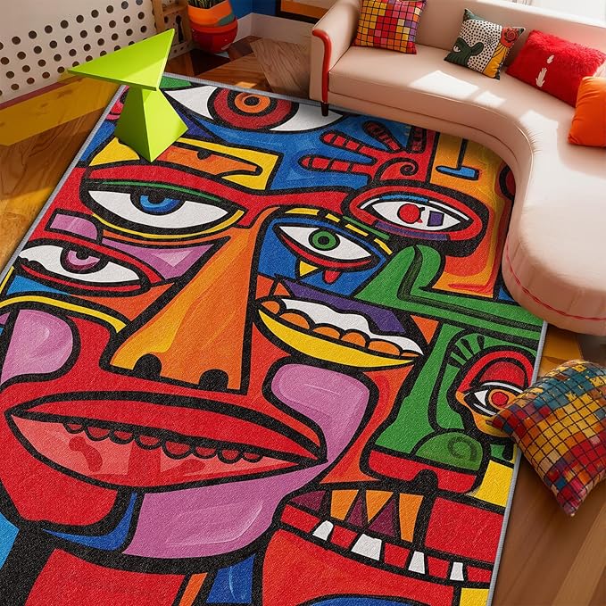 Abstract Rugs for Bedroom - 3x4 Rug - Abstract Rug - Colorful Graffiti Area Rug - Modern Geometric Pop Art Rugs - Multicolor Artistic Carpet - Home Decor