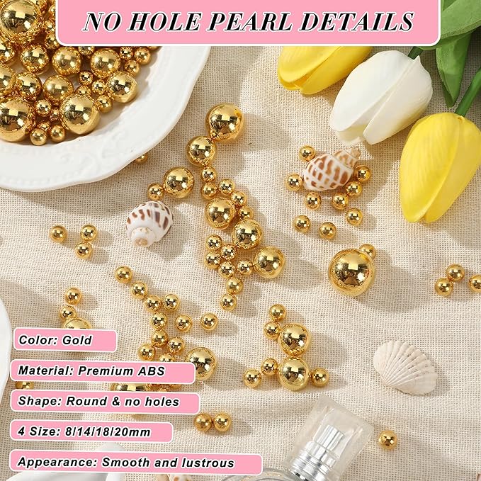 Pearl Beads No Hole Pearls for Crafting 180 Pcs Fake Pearls Bulk Faux Pearls for DIY Crafts Jewelry Making Vase Filler Floating Candle Wedding Birthday Party Home Decorations (Gold, 8/10/14/20mm)