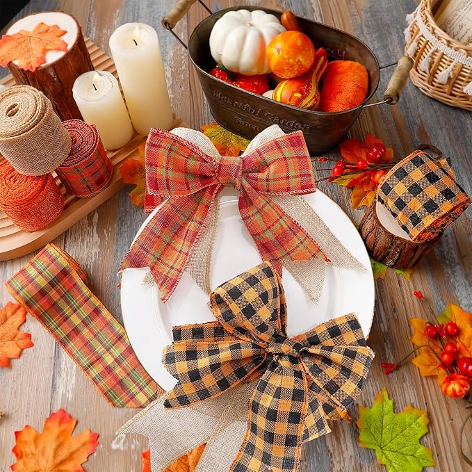 5 Colors Wreaths Burlap Ribbon - Total 27.3yards Thanksgiving Day Autumn Wired Edge Ribbon for Gift Wrapping Bows Rustic Crafts Supplies Weddings Holiday Fall Decorations - 2.4in Wide
