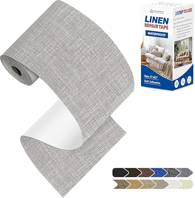 KING MOUNTAIN Linen Repair Patches, Self-Adhesive Linen Fabric Patches, 4 X 63 inch Extra Size, Multi Color, Can be Used for Linen Sofa Repair and Linen Clothes Repair (Light Grey 2.0)
