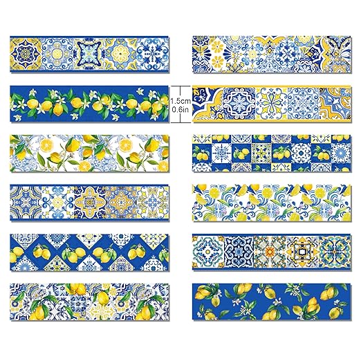 Lemon Washi Tape 12 Rolls, Blue Tiles Yellow Lemon Printed Decorative Washi Tape Set, DIY Art Crafts Wrapping Decor for Gifts Wrapping,Wedding Bridal Shower