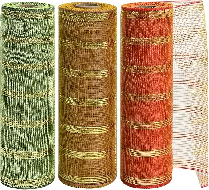 TONIFUL 10 Inch 3 Rolls Orange/Green/Gold Thanksgiving Decorative Mesh Ribbons, Fabric Mesh with Foil for Tree Home Front Door Wreaths Decorations Party Supplies（3 Colors, 10yards/ roll）