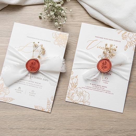 PONATIA 50PCS Terracotta Orange Wax Seal Stickers - Eucalyptus Design Self- Adhesive Stickers Perfect for Wedding Invitation, Envelopes, Christmas Cards, Menu, Vellum Jackets Decoraction
