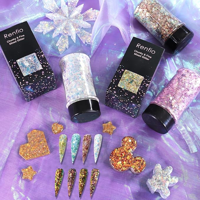 Renfio Opal Chunky Glitter, 1.75oz/50g Glod Glitter, Dreamy High Sparkle Glitter for Crafts Holographic Fine Glitter Mix Iridescent Glitters Flake for Resin Nails Hair DIY Snow Globe - Autumnal Lake