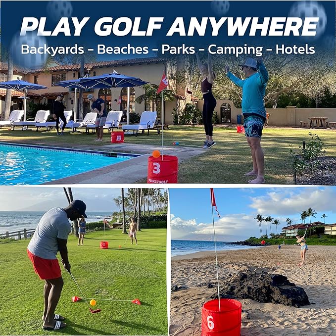 bucketgolf Game The Original Ultimate Backyard Lawn Golf Game for Family, Adults and Kids - Portable 6 Hole Golf Course Play Outdoor, Lawn, Park, Beach, Yard.