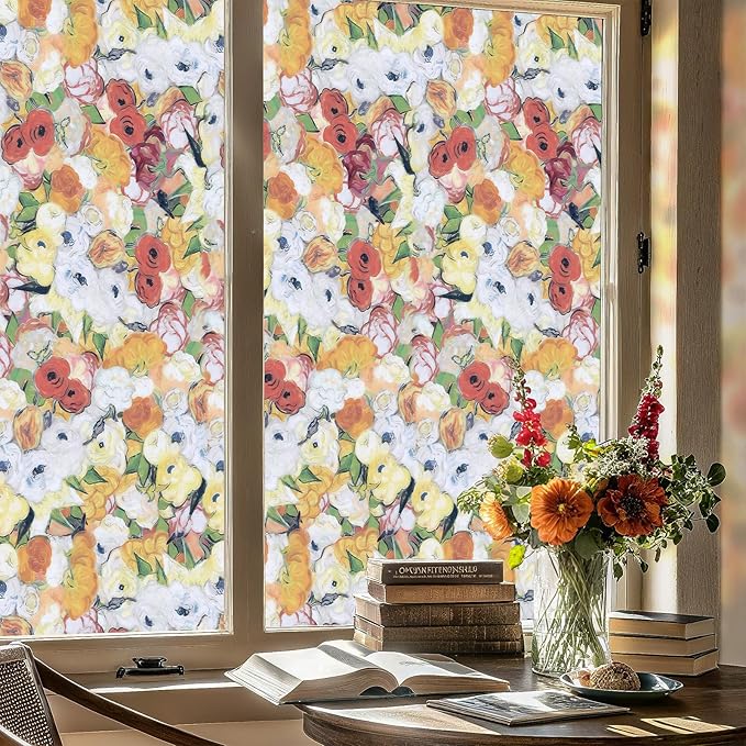 Window Privacy Film, Frosted Glass Decorative Static Cling, Removable Sun Blocking Vinyl Covering, Window Film for Home Kitchen Living Room Bathroom, Oil Painting Flowers, 17.5" x 78.7 "