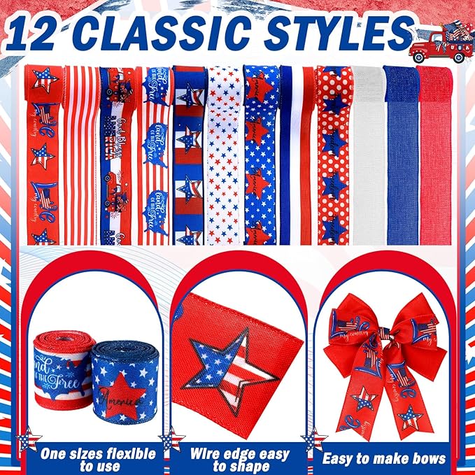 12 Rolls 60 Yards 4th of July Patriotic Ribbon Stars and Stripes Burlap Wired Edge Ribbon White Blue Red Decorative Crafts for Independence Day Memorial Day Gift Wrapping DIY Bow Craft