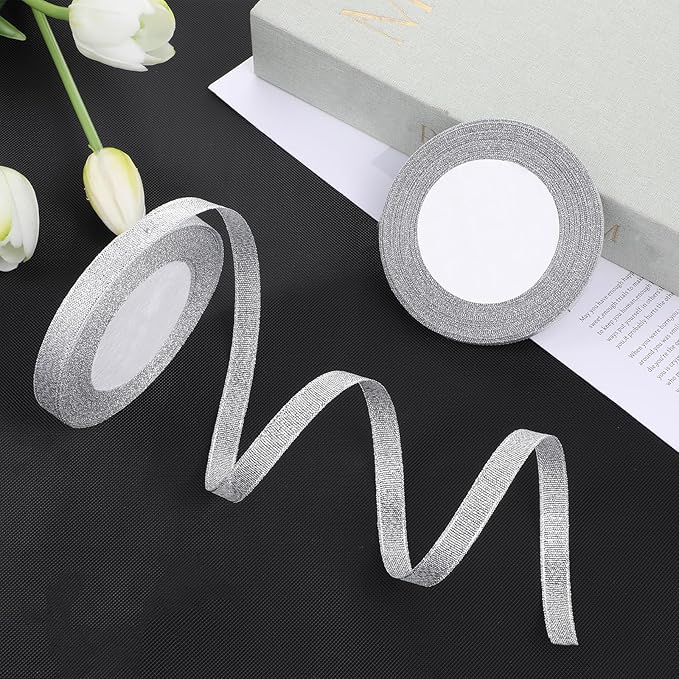 3/8 Inch Silver Glitter Ribbon 50yard (2rolls) Sparkly Metallic Fabric Ribbons Silver Organza Shimmer Sheer Ribbon for Gifts DIY Party Wrapping Wedding Decoration and Crafts