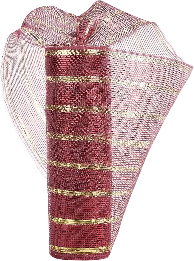 MEEDEE Burgundy and Gold Deco Mesh 10 Inch Metallic Striped Deco Mesh Christmas Mesh Ribbon for Christmas Tree, Wreaths, Garland, Gift Wrapping, Bows Making (30 Feet)