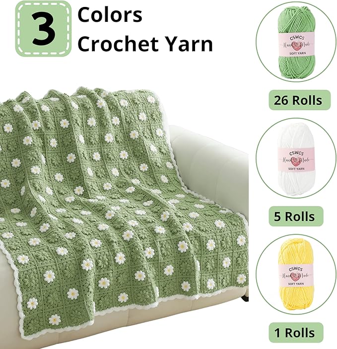 CSWCS Crochet Blanket Kit for Beginners, Daisy Granny Square Throw Kit for Adults, Easy Learn How to Knitting with Yarn & Hook, Complete Starter Set with Step-by-Step Instructions (47" x 39")