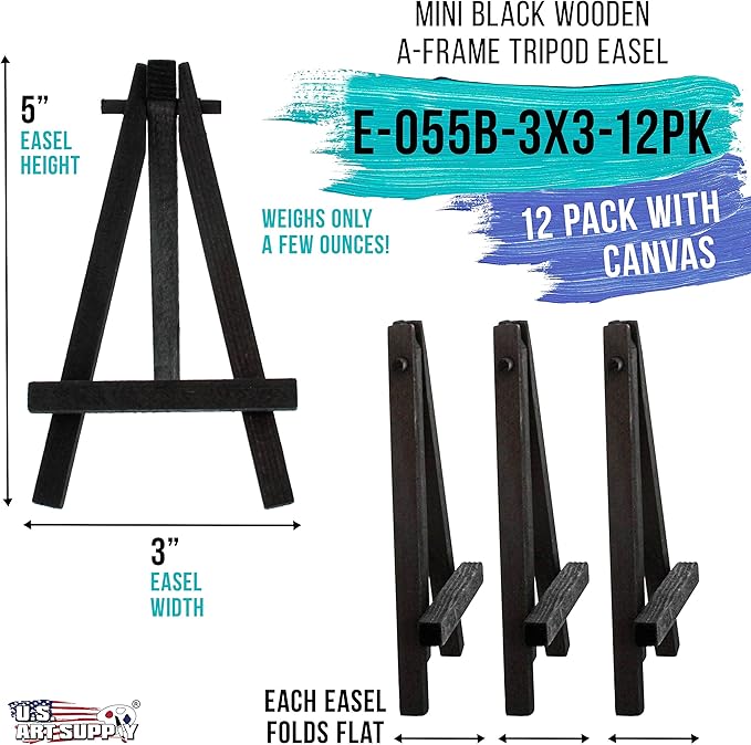 U.S. Art Supply 3" x 3" Stretched Canvas with 5" Mini Easel Kit (12 Pack) - Black Wooden A-Frame Tabletop Display Stand, Mini Easel Stand - Small Easels for Display, Small Canvases, Crafts, Photos