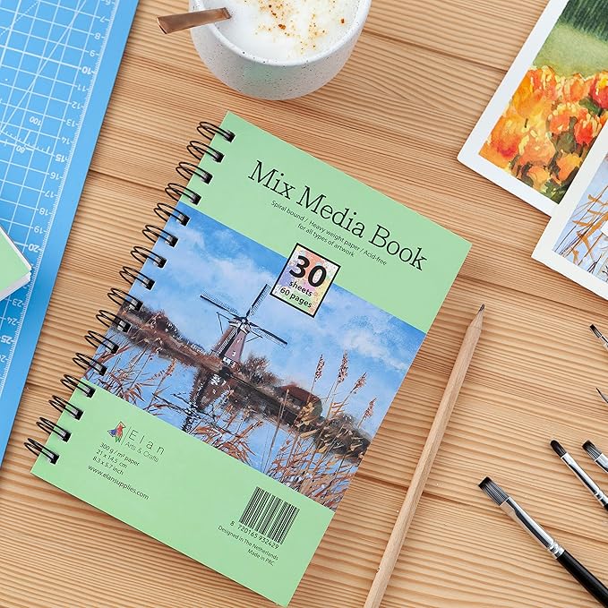 Elan A5 Mixed Media Journal, 30 Sheets Italian Paper 110 lb/250 GSM, Acid-Free Mixed Media Sketchbook 8.3x5.8 Inch, A5 Sketchbook Spiral Bound