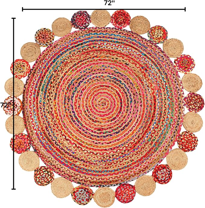 6' Round Handwoven Jute Chindi Area Rug - Colorful Boho Rugs for Living Room - Hand Braided Multicolor Bohemian Rug for Farmhouse, Bedroom, Dining Room, Classroom, Hallway, Kitchen, Office