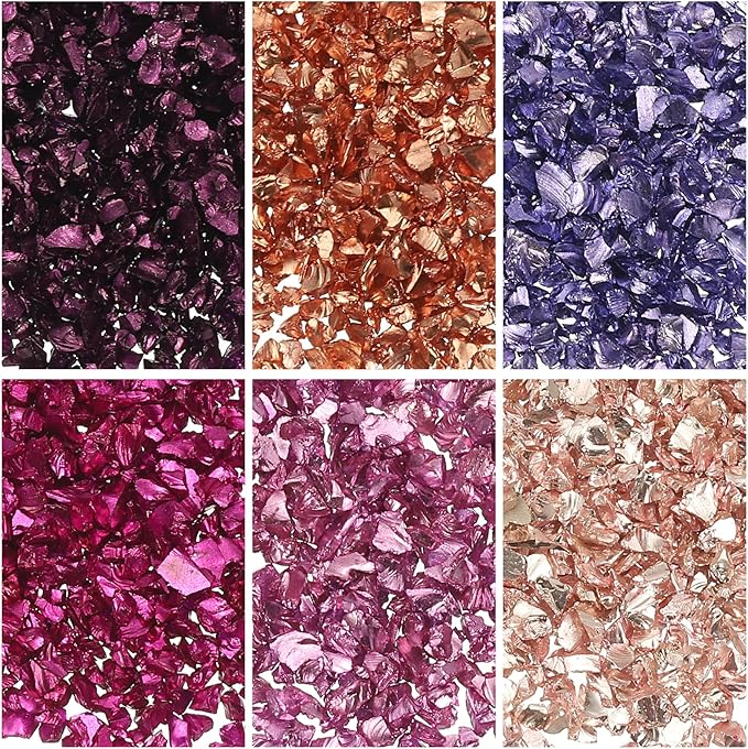 uxcell 6 Colors Crushed Glass Chips, 1-3mm Irregular Glitter Metallic Glass Broken Glasses Pieces with Laser Bag for Craft DIY Vase Epoxy Halloween Decoration 33g, Pink Color Series