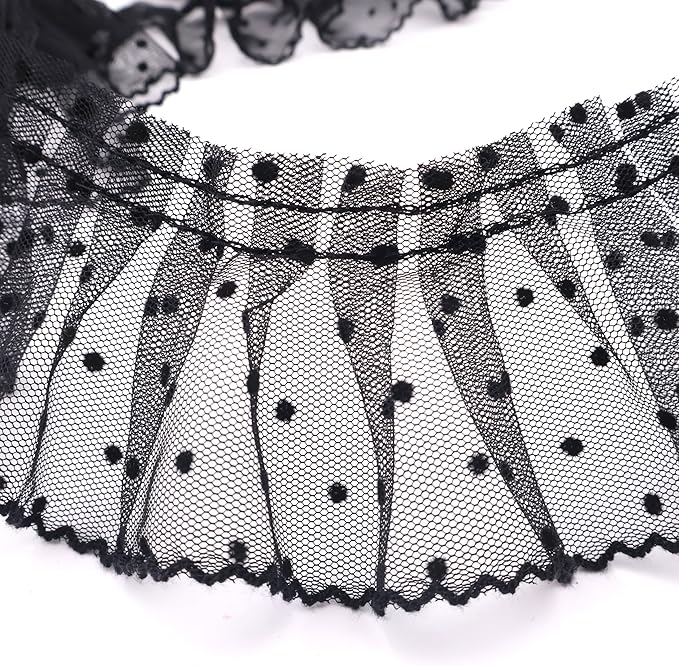 Dots Lace Ruffle Trim for Sew, Crafts 2.4" x5yd Single Layer Pleated Edge Lace Ribbon (Black)