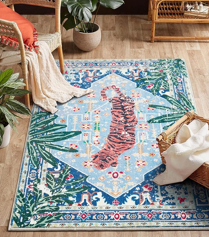 Tropical Rugs, 3x5 Thin Boho Small Area Rugs for Bathroom Kitchen Small Indoor Entryway Rug Modern Vintage Distressed Summer Jungle Plant Accent Carpet Non-Slip Washable
