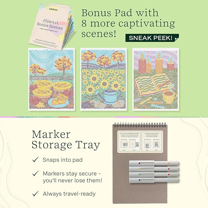 Lifelines FlowArt Activity Pad, 2-Pack Fall Set + Bonus Pad - Guided Dot-by-Letter Art Meditations with Markers - Color by Number/Letter and More Coloring Books for Teens, Adults & Seniors