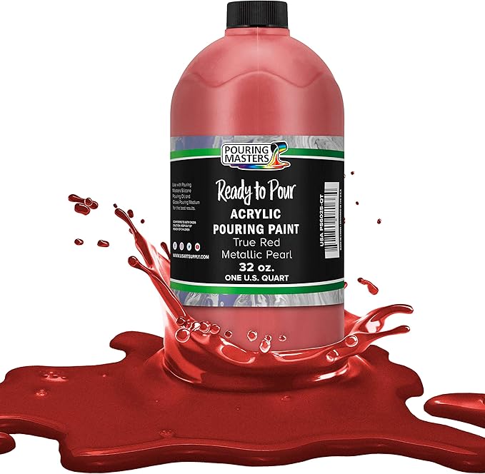 Pouring Masters True Red Metallic Pearl Ready to Pour Acrylic Pouring Paint - Premium 32-Ounce Pre-Mixed Fluid Acrylic Paint - Fluid Art Supplies for Canvas, Wood, Paper, Tile & Rocks