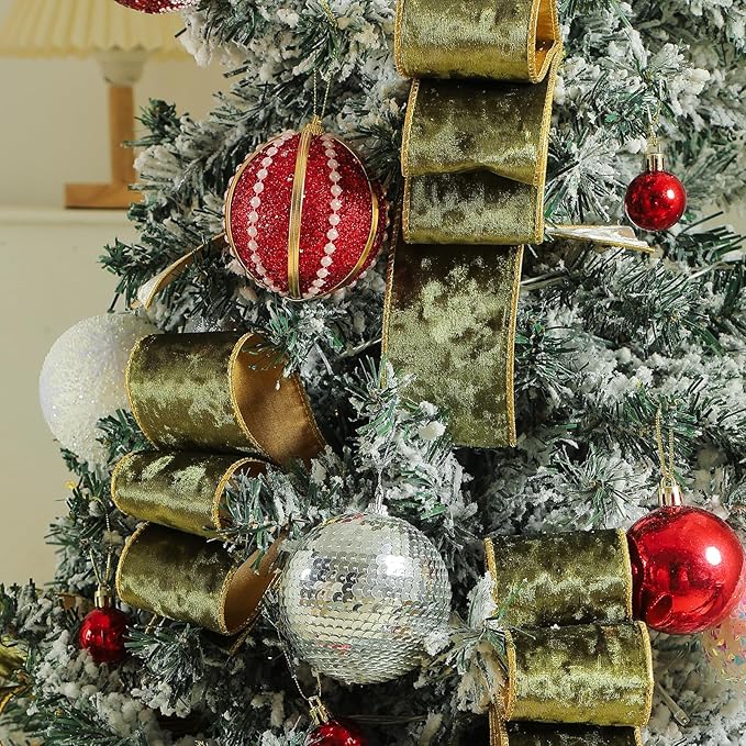 Olive Green Christmas Velvet Ribbon Wired (2.5" × 15 Yards) - Christmas Ribbon for Christmas Tree Decoration/Gift Wrapping/Crafts Wreaths Supplies