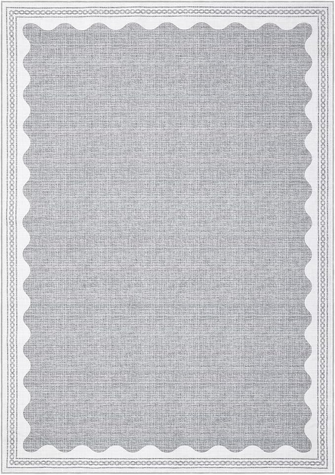 Scalloped Washable Rug 8x10 Area Rugs for Living Room, Solid Grey Rug for Bedroom Girls, Non Slip Throw Carpet with Rubber Back, Soft Dorm Nursery Scalloped 8x10 Rugs for Dining Room