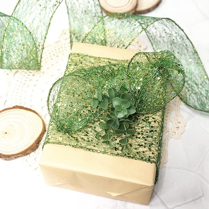 CT CRAFT LLC Sparkling Glitter Mesh Wired Ribbon 2.5" x 10 Yards Green for Christmas Home Decor Bow Gift Wrapping DIY Crafts Wreath