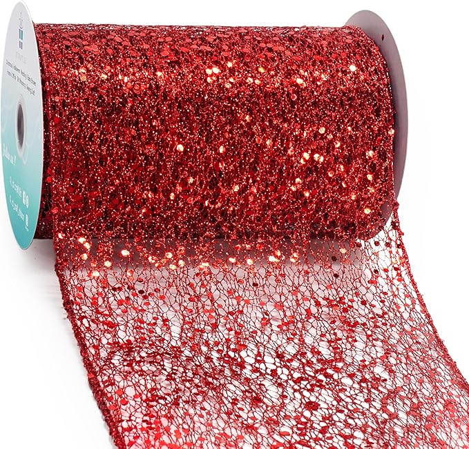 CT CRAFT LLC Sparkling Glitter Mesh Wired Ribbon 6" x 10 Yards Red for Christmas Home Decor Bow Gift Wrapping DIY Crafts Wreath
