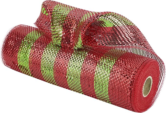 MEEDEE Red and Lime Deco Mesh 10 Inch Deluxe Foil Metallic Striped Deco Mesh Wreath Supplies Red and Green Christmas Mesh Ribbon for Christmas Tree, Garland, Gift Wrapping, Bows Making (30 Feet)
