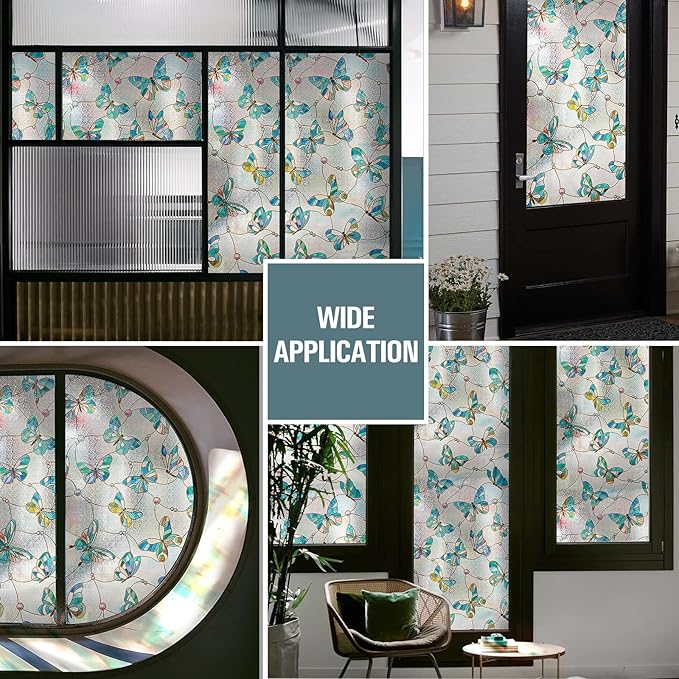 3D Stained Glass Window Film, Decorative Window Privacy Film for Bathroom,Front Door,Home, Sun Blocking Heat Control,Static Cling,Butterfly, 23.6inch x 35.4inch