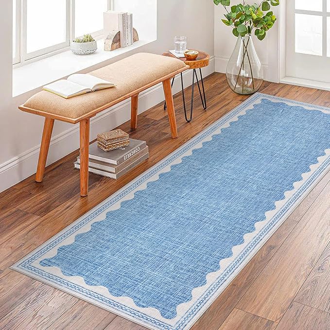 Scalloped Rug 2.5x8 Runners for Hallways, Solid Blue Runner Rugs Non Slip Scalloped Bath Runner, Washable Mat for Bedroom Girls, Rugs for Kitchen Floor Soft Dorm Nursery Carpet for Bedside