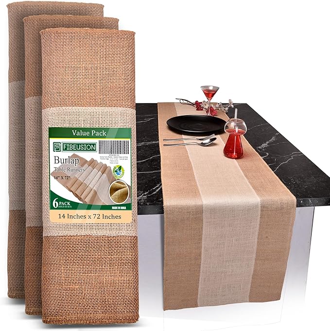 Burlap Table Runners (Pack of 6) – 14”x 72” - No-Fray Finished Edge Burlap Runner – No Odor Farmhouse Style White Stripe on Natural Table Runner - Perfect for Christmas, Wedding, Thanksgiving