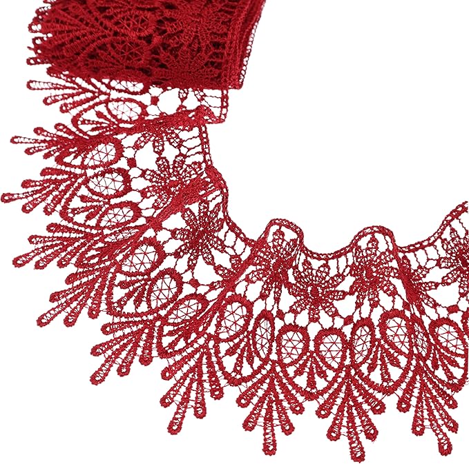 GXTIZAS Burgundy Lace Trim 5 Yards Wide Venise Lace Ribbon Embroidered Edge Trim for Sewing Crafts Pillow Case