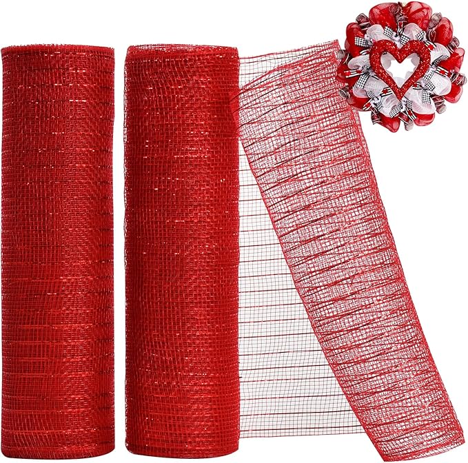 TONIFUL 2 Rolls 10 Inch Red Decorative Mesh Ribbbon Rolls, Fabric Mesh with Foil for Wreath Supplies, Front Door Wreath Crafts Tree Decor Christmas NewYears Halloween Decoration (10 yds/roll)