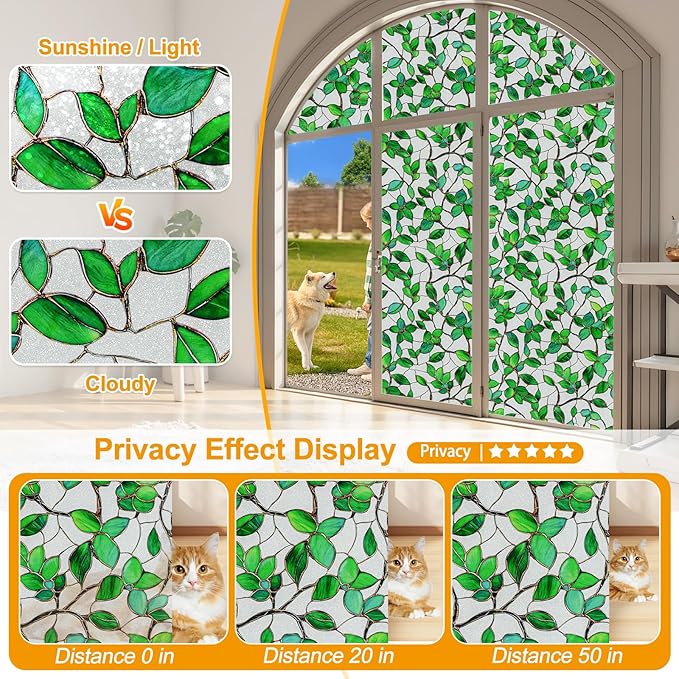 Window Privacy Film Stain Glass Window Film Rainbow Window Film Window clings Non-Adhesive Reusable Decorative for Room (Frosted Greenery Leaf, 23.6 x 78.7 in)