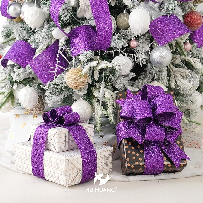 HUIHUANG Purple Wired Christmas Ribbon 4 inch Purple Glitter Wired Ribbon Diamond Mesh Wire Ribbon for X-mas Tree Decorations, Wreaths, Garland, Large Bows Making, Home Decor -10 Yards