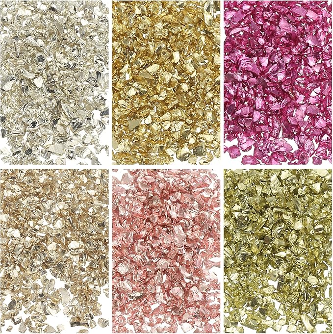 uxcell 6 Colors Crushed Glass Chips, 1-3mm Irregular Glitter Metallic Glass Broken Glasses Pieces with Laser Bag for Craft DIY Vase Epoxy Halloween Decoration 33g Gold Color Series