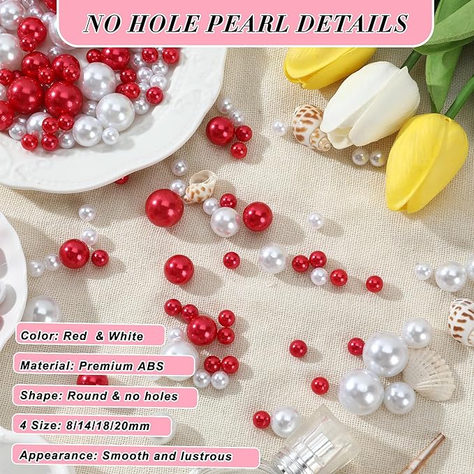 Pearl Beads No Hole Pearls for Crafting 180 Pcs Fake Pearls Faux Pearls for DIY Crafts Jewelry Making Vase Filler Floating Candle Wedding Birthday Party Home Decorations (Red & Ivory, 8/10/14/20mm)