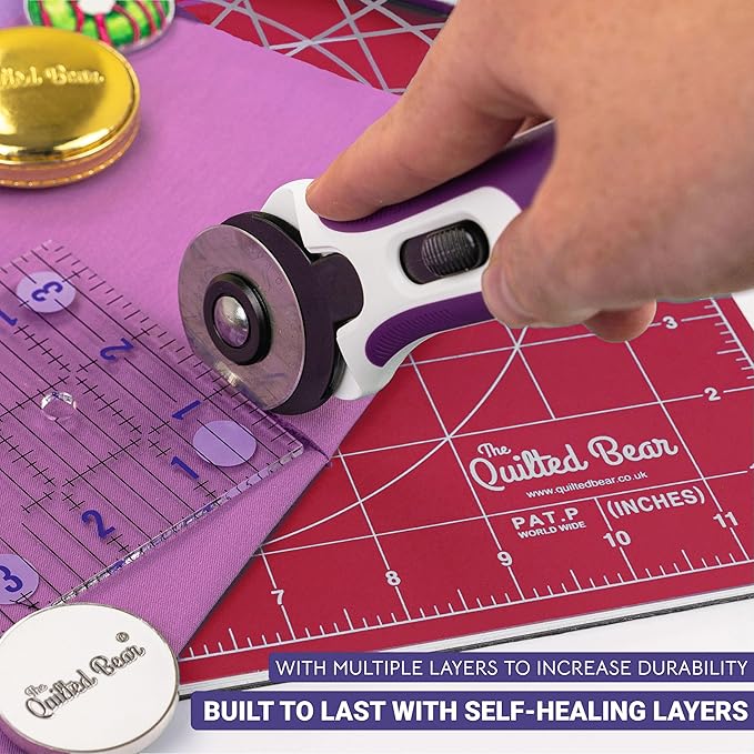 The Quilted Bear Rotating Cutting Mat 7" x 7" - Locking & Rotating Self Healing Cutting Board for Sewing, Fabric & Effortless Quilting - 360 Degree Sewing Supplies Mat for Craft Table (Pink)