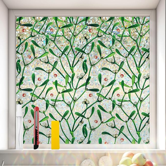 Window Privacy Film Stain Glass Window Film Rainbow Window Film Window clings Non-Adhesive Reusable Decorative for Room (Mistletoe Rainbow, 45.2 x 78.7 in)