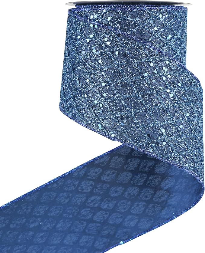 HUIHUANG Navy Blue Wired Christmas Ribbon 4 inch Navy Glitter Wired Ribbon Diamond Mesh Wire Ribbon for X-mas Tree Decorations, Wreaths, Garland, Large Bows Making, Home Decor -10 Yards